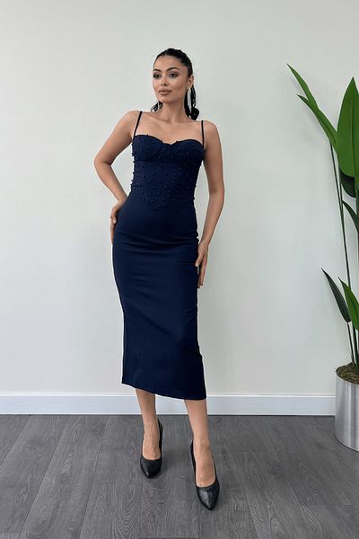 giyimmasalı Atlas Fabric Pearl Detailed Strappy Pencil Dress - NAVY BLUE