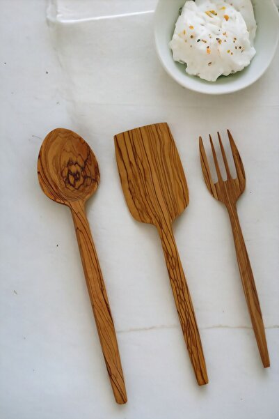 BEF CRAFT Wooden Spoon Food Spoon Wooden Spoon Set of 3 Olive Wood Kitchen Ut...