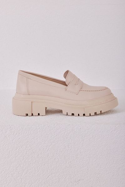 Madamra Cream Women's Serrated Thick Sole Flat Loafer Shoes