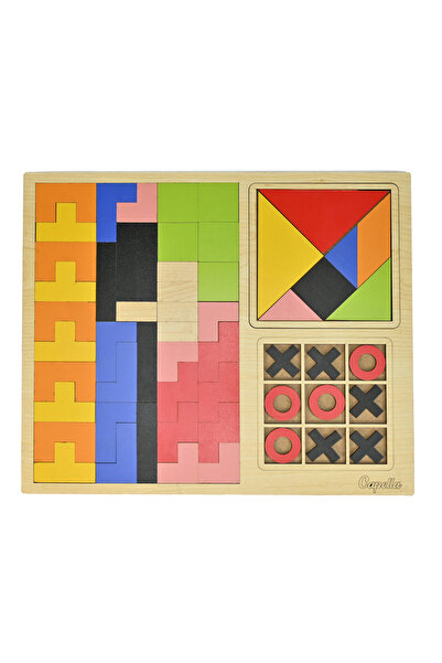 Capellawoodworks 3'lü Oyun Seti Tetris Tangram xOx Eğitici Ahşap Oyuncak