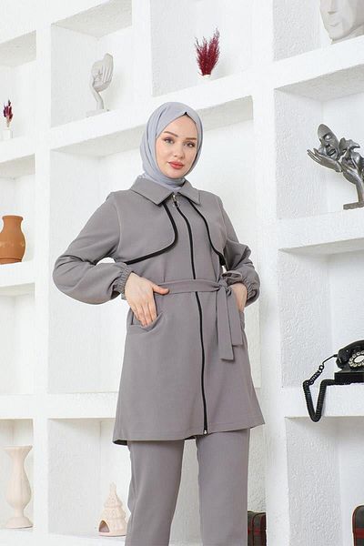 BurcuFashion Gray Scuba Set - Hijab Bolero Detailed, ROJ1305-1