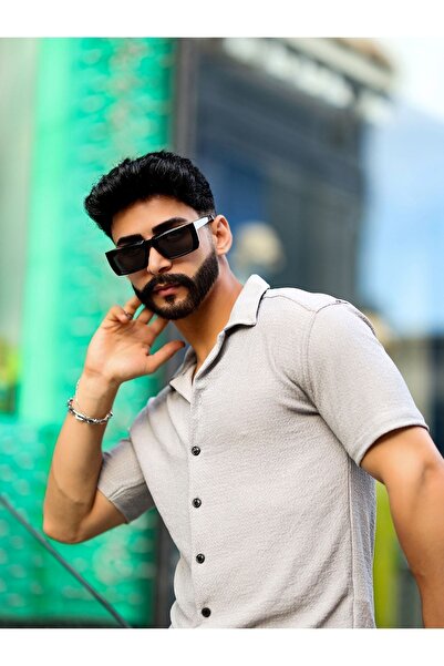 RESTBAY Сіра сорочка з ліковим коміром, лікра, облягаючий крій, короткі рукави