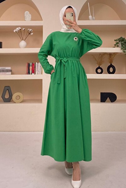 Basicpark Woven Green Dress with Orange Brooch and Pockets