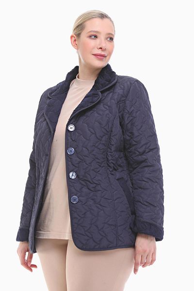 VETRE Women's Large Size Polo Collar Navy Blue Short Quilted Coat 1011