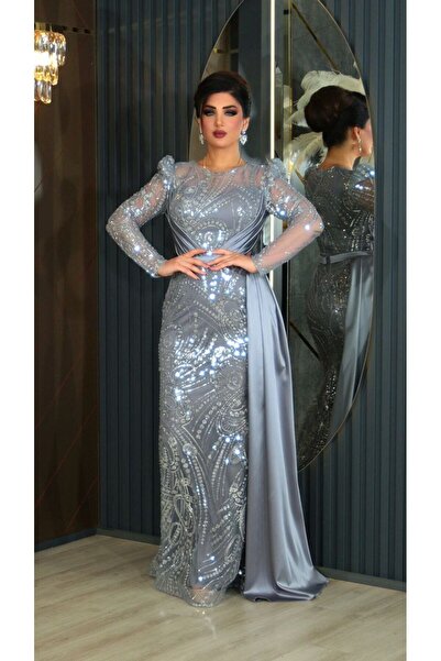 ZENABİYEM Zena Fashion Boncuk Nakışlı Kuşaklı Saten Abiye Elbise