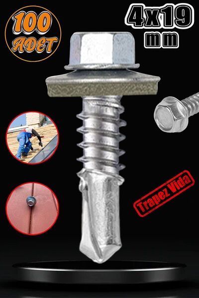 Badem10 Trapez Çatı Vidası 4.8x19 mm Paket 100 ADET Matkap Uçlu Sac Akıllı Vida Çatı Panel Metal Ağaç Vidası