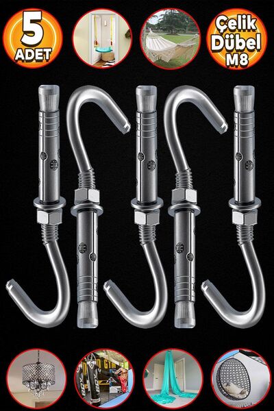 Badem10 Kancalı Çelik Dübel M8 Salıncak Boks Torbası Avize İçin Gömlekli Açık Ağız Kanca 5 ADET