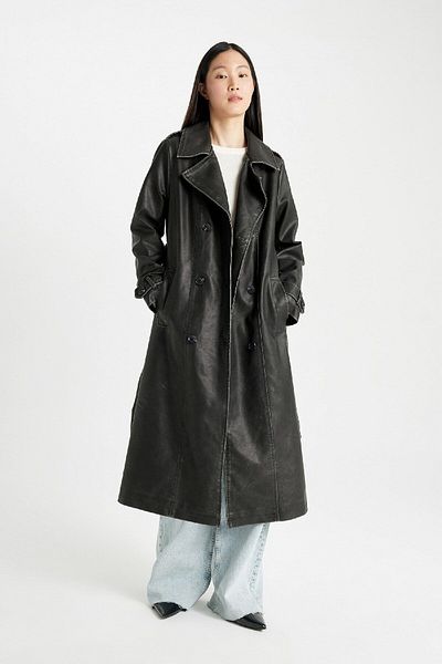 DeFacto Faux Leather Long Trench Coat - Water Repellent, Belt and Pocket C0063Ax24Au