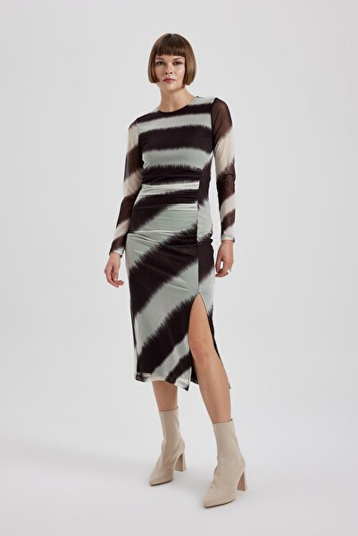 DeFacto Bodycon Degrade Bisiklet Yaka Tül Uzun Kollu Midi Elbise B4168ax23au
