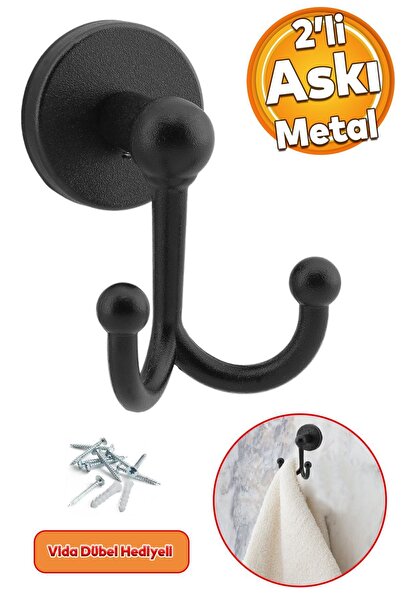 Badem10 Metal Askı Siyah Renk Askılık Banyo Tuvalet Havlu Bornoz Askısı Çatal...