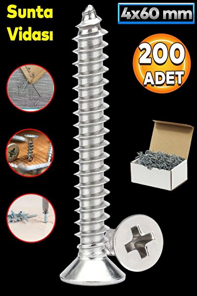 Badem10 Sunta Vidası 4x60 Mm Paket 200 Adet Sivri Uçlu Ahşap Tahta Ağaç Mobil...