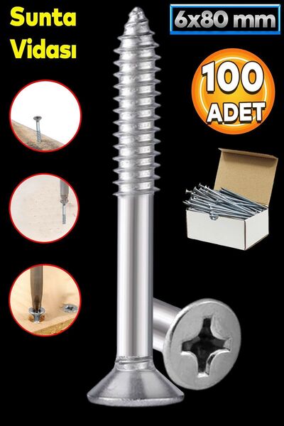 Badem10 Sunta Vidası 6x80 Mm Paket 100 Adet Sivri Uçlu Ahşap Tahta Ağaç Mobil...