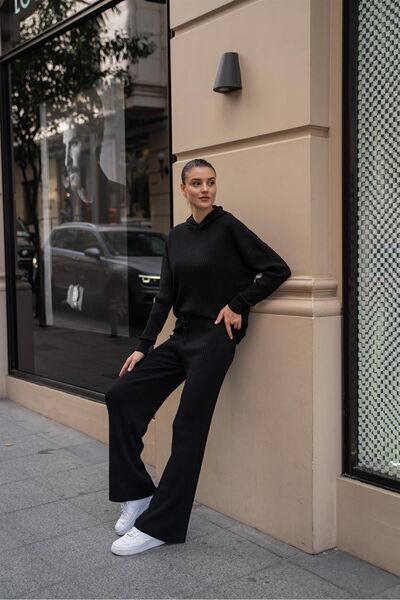 Madamra Black Women's Hooded Corduroy Suit