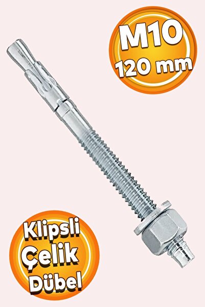Badem10 Saplamalı Klipsli Çelik Dübel M10x120 mm Raf Montaj Bağlantı Zemin Bağlantı Tavan Beton Asma Aparat