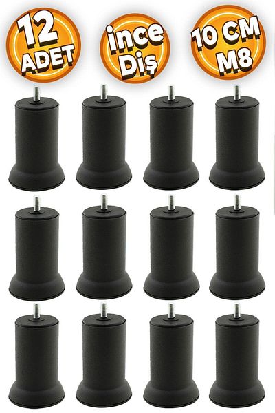Badem10 Picioare M8 din metal negru - picior de ridicare pentru canapea cu dinți fini, 10 cm 12 buc.
