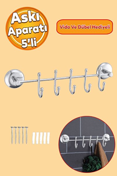 Badem10 Vidalı Askılık 5'li Metal Banyo Lavabo Sağlam Aparat Krom Askılık Elb...