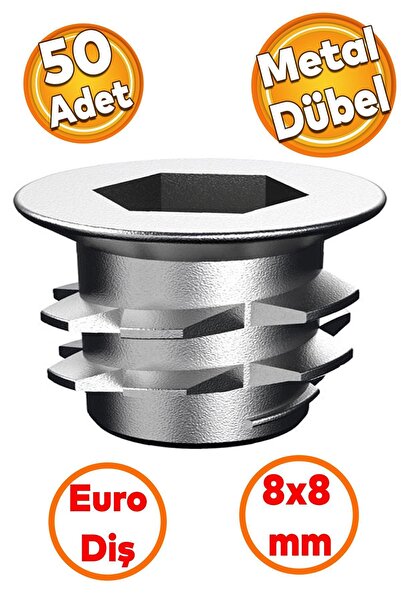 Badem10 Mobilya Bağlantı Eleman Eki Euro Diş 6 Köşe Vida Metal Dübel 8x8 M6 Ç...