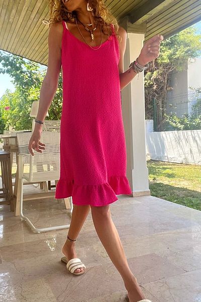 Güneşkızı Φούξια μαλακή υφή γυναικείο φόρεμα με βολάν με λουράκι BST3653