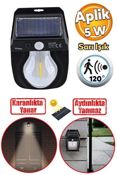 Badem10 Sensörlü Bahçe Duvar Dış Mekan Apliği Aplik Güneş Enerjili 3 Modlu Sarı Işıklı 5 W Fener Lamba