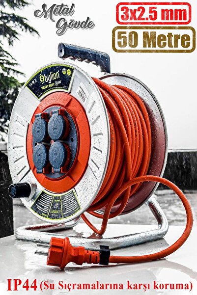 Genel Markalar Makaralı Seyyar Kablo Kapaklı 4 Prizli Metal Uzatma Kablosu 3x...