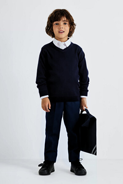 OKULCUBABA Mornarsko plave ribane - moderne školske pantalone sa dečijim pojasom