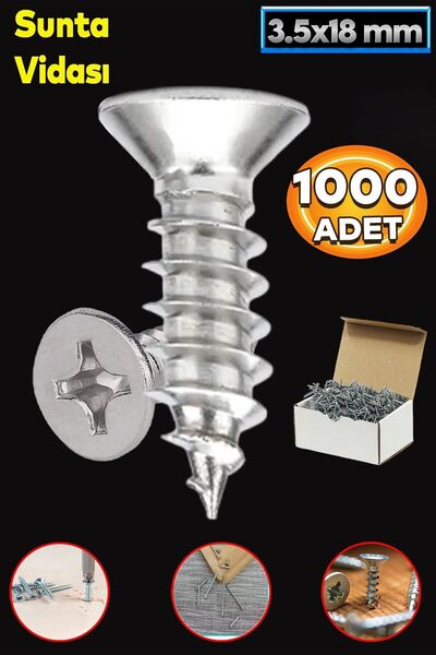 Badem10 Sunta Vidası 3.5x18 Mm Paket 1000 Adet Sivri Uçlu Ahşap Tahta Ağaç Mo...