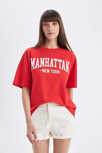 DeFacto Túlméretes, széles nyakú, nyomott rövid ujjú póló D5277ax24au