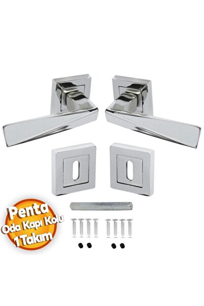 Badem10 Penta Nikel Saten Kare Rozetli Oda Kapı Kolu (1 TAKIM: 2 Adet Kol + 2 Adet Rozet + Bağlantı Demiri)