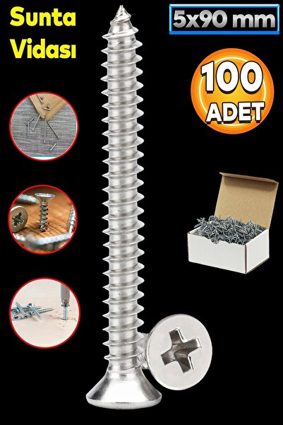 Badem10 Sunta Vidası 5x90 Mm Paket 100 Adet Sivri Uçlu Ahşap Tahta Ağaç Mobilya Ayak Kulp Vidası