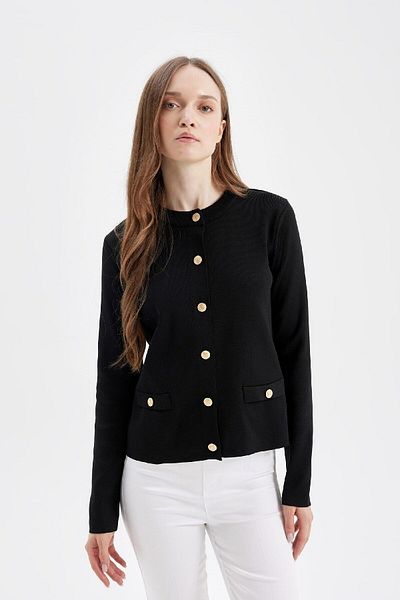 DeFacto Crew Neck Basic Plain Button Pocket Knitwear Cardigan D4195Ax24Au