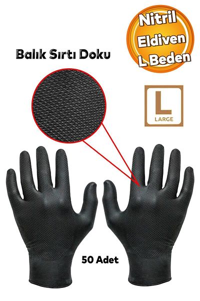 Badem10 Fish Back Textured Thick Powder Free Nitrile Examination Gloves Black Size L Hygienic 50 Pieces 25 Pairs
