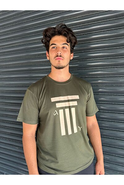 Acropolis Series Haki Bisiklet Yaka Kısa Kollu %100 Pamuk Extra Yumuşak Likralı T-shirt