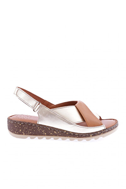 DGN Women's Cross Thick Banded Velcro Sandals Tan Gold Genuine Leather 1293243