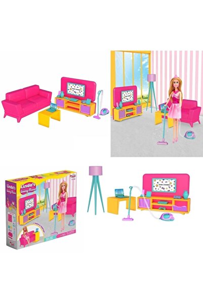 BAMTEBİ Linda’nın Oturma Odası Koltuklu Televizyonlu Ve Aksesuarlı Evcilik Se...