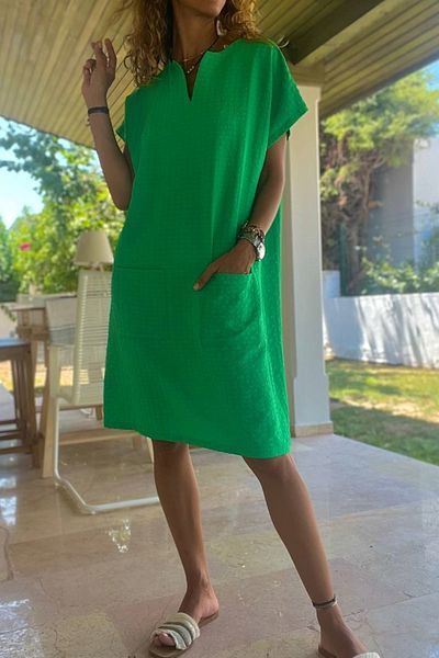 Güneşkızı Emerald Green Soft Textured Loose Women's Dress - Slit Pocket Bst3655