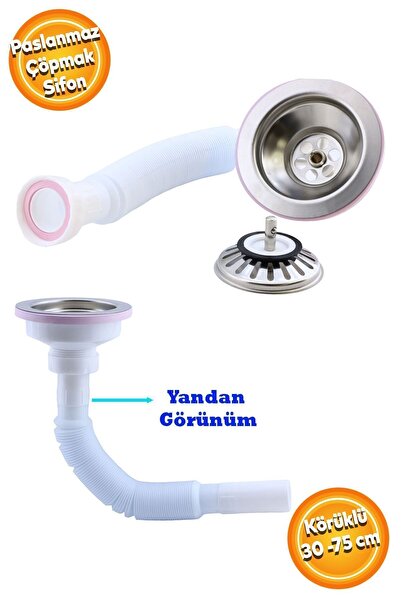 Badem10 Lüks Çöpmak Körüklü Evye Lavabo Evye Sifonu Pis Su Gideri Borusu Plas...