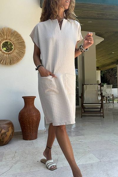 Güneşkızı Beige Loose Dress - Slit Collar, Pocket, Soft Texture Bst3655