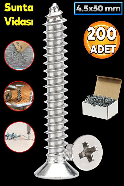Badem10 Sunta Vidası 4.5x50 Mm Paket 200 Adet Sivri Uçlu Ahşap Tahta Ağaç Mob...