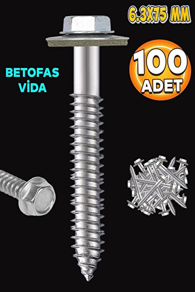 Badem10 Betofast Vidası 6.3x75 mm Paket 100 ADET Sivri Uçlu Çatı Panel Beton ...