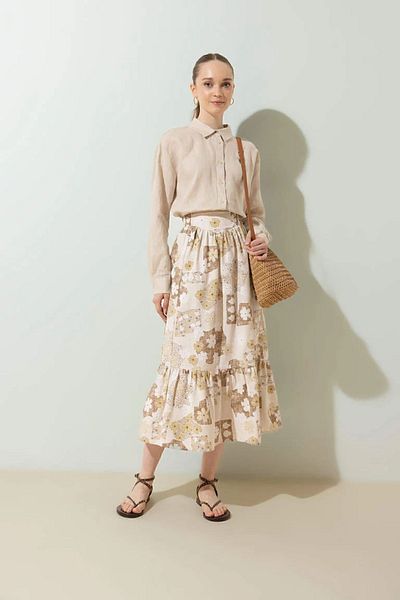 DeFacto Linen Blended Floral Maxi Skirt B1363ax23hs
