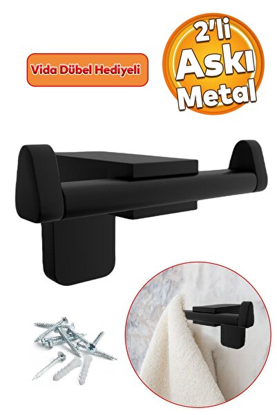 Badem10 Banyo Lavabo Çatal 2'li Metal Sağlam Aparat Siyah Askılık Bornoz Havl...