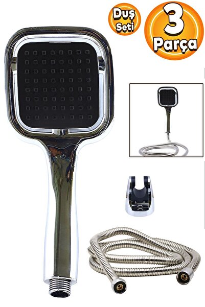 Badem10 3'lü Banyo Duş Başlığı Seti Duş Fiskiyesi Telefonu Kare Başlık Metal Hortumu Sistemleri Siyah