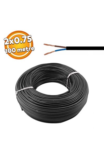 Badem10 TTR CCA Çok Telli Elektrik Kablosu Bakır İletken Damarlı Siyah Kablo 2x0.75 mm 100 Metre