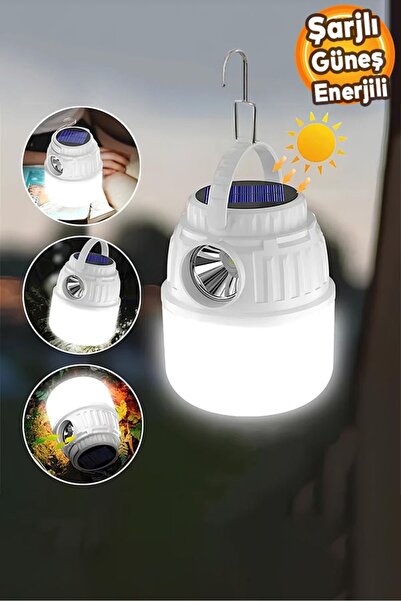 Badem10 Şarjlı Güneş Enerjili Dekoratif Kamp Lambası Led Beyaz Işıklı El Feneri Işıldak Portatif 30 W Şarj