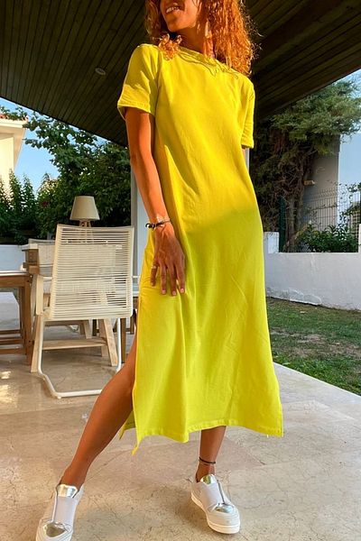 Güneşkızı Women's Peanut Green Long Dress with Buttoned Shoulder and Slit - BST700-3618