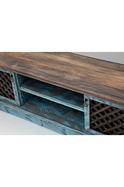 BozYapıDekorasyon Hazal Doğal Ahşap Tv Ünitesi Mavi Eskitme