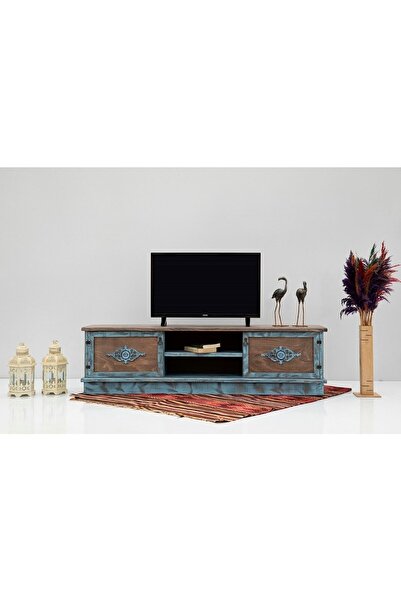 BozYapıDekorasyon 159*35*44 Vizyon Doğal Ahşap Mavi Eskitme Tv Ünitesi