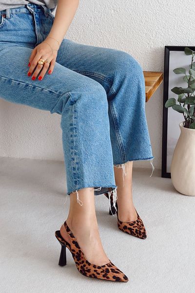 POLKA STORE Spark Leopard Pointed Toe Back Open Stiletto Evening Dress Heeled Women's Shoes