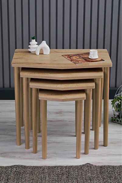 FAYMEND Karaca 4lü Zigon Sehpa - Servis Sehpa - Yan Sehpa - Meşe (RİVOLİ)