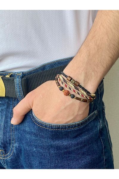etniko Men's Special Design Handmade Multiple Lava Stone Bracelet